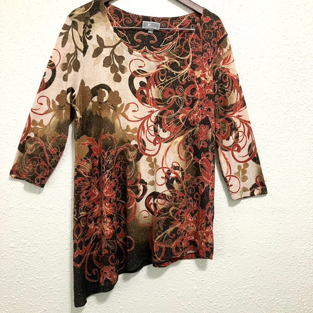 JM Collection Tunic Women's L Autumn Scroll Metallic Sparkle Asymmetrical Y2K